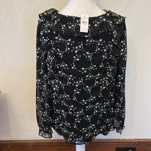 Loft black white long sleeve ruffle blouse Size L New - Picture 7 of 10